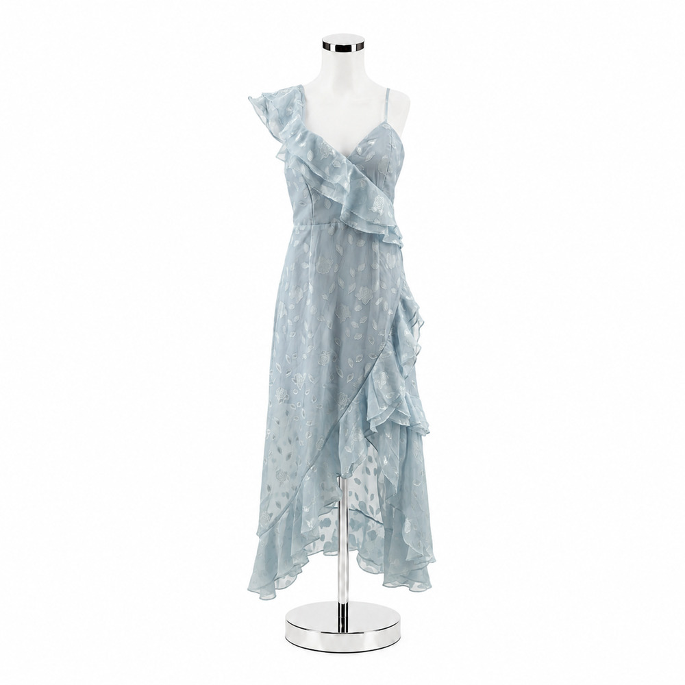 Lulus Dreamy Date Light Blue Floral Jacquard Ruffled Midi Dress Size Small NWT